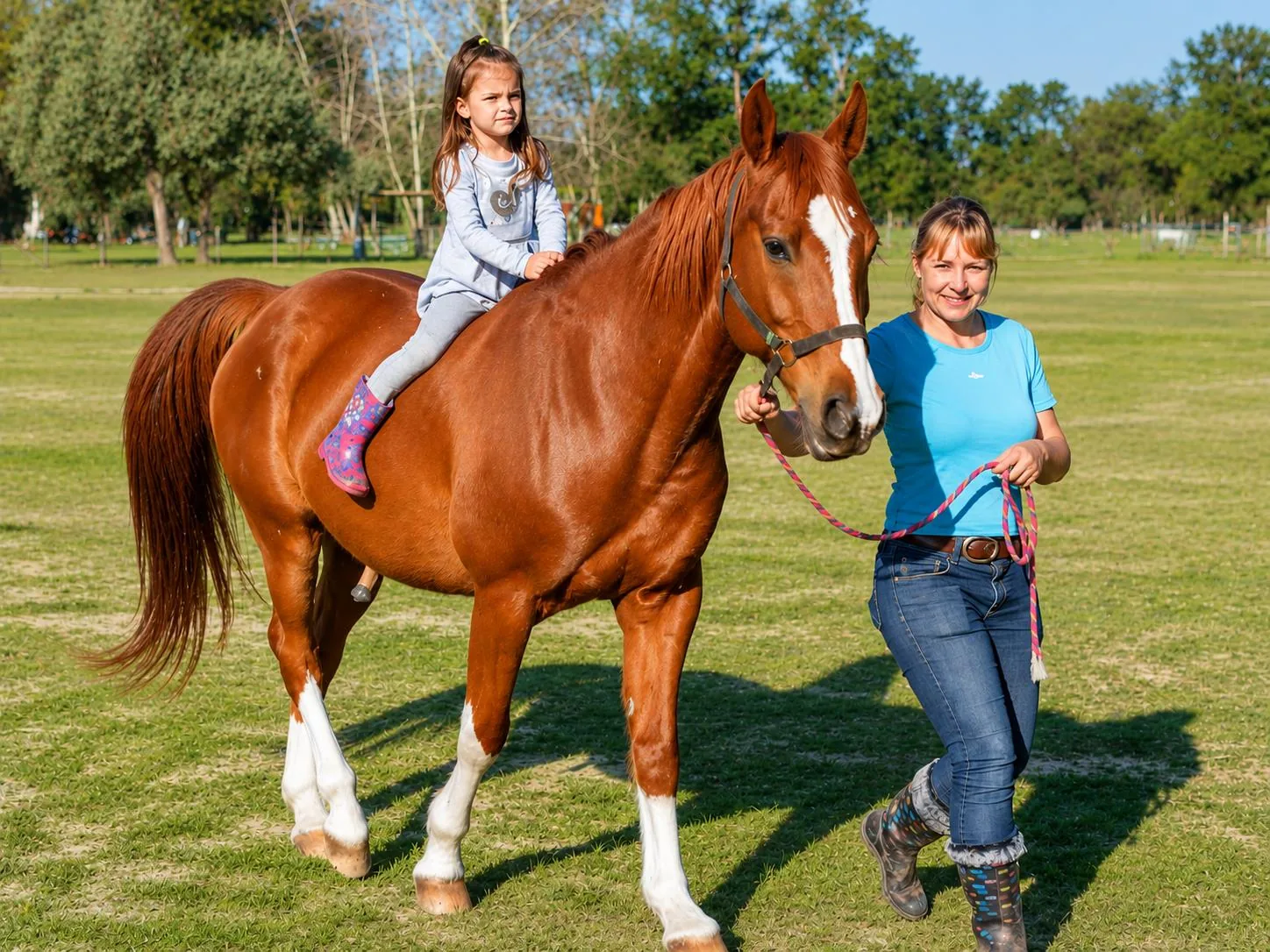 Child riding horse with handler at Lat Wai